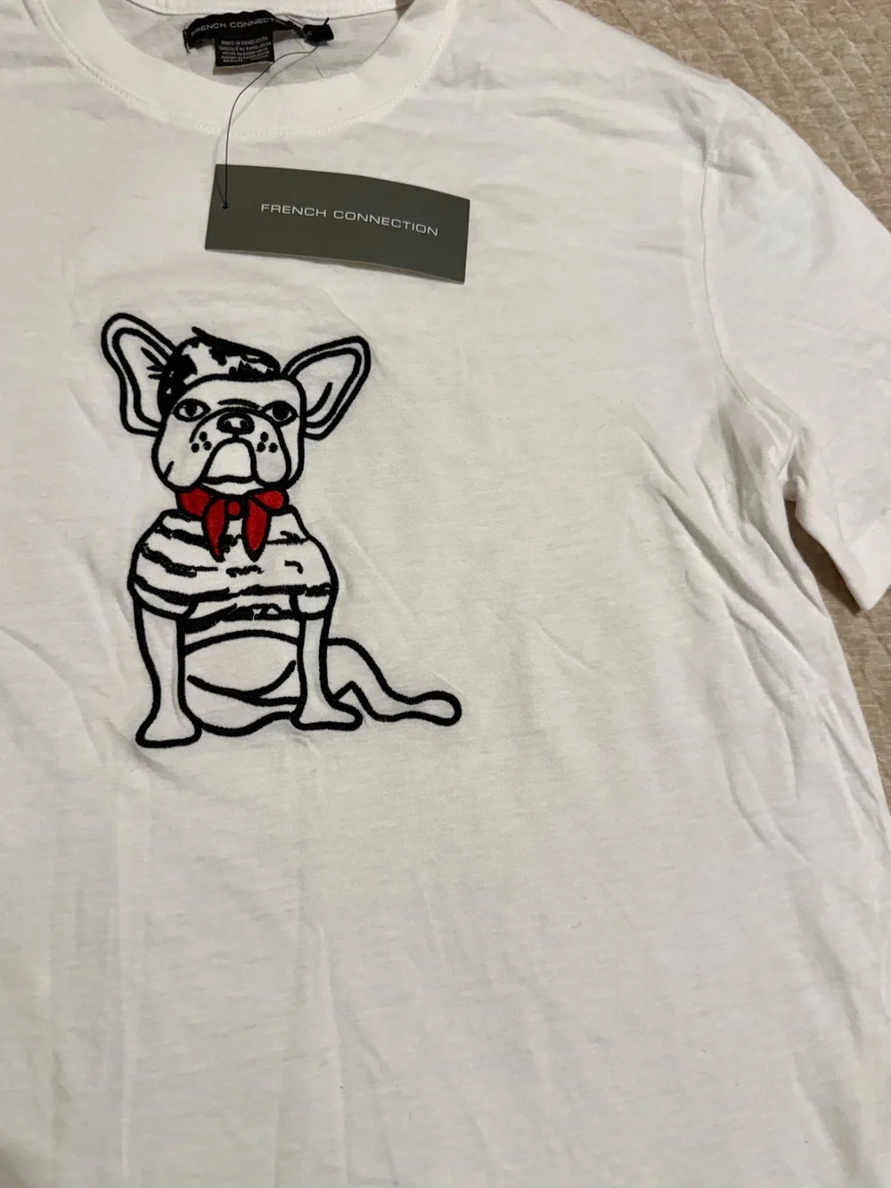 French Connection White Tee with Black Dog Outline and Red Accent